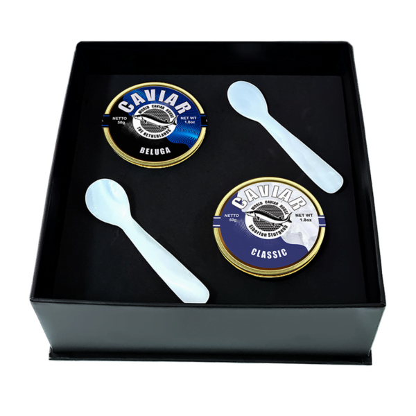 Caviar set with Beluga and Classic tins, mother-of-pearl spoons, ice pack