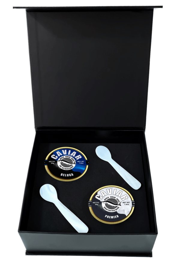 Caviar set with two 50g tins, Beluga and Premier, mother-of-pearl spoons, ice pack