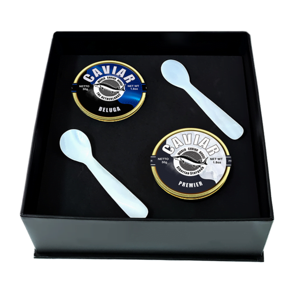Caviar set with Beluga and Premier caviar tins, mother-of-pearl spoons, ice pack,