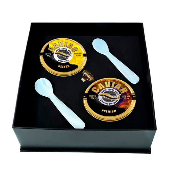 Gourmet caviar set, including 50g Osetra and 50g Premium variants, in Singapore.