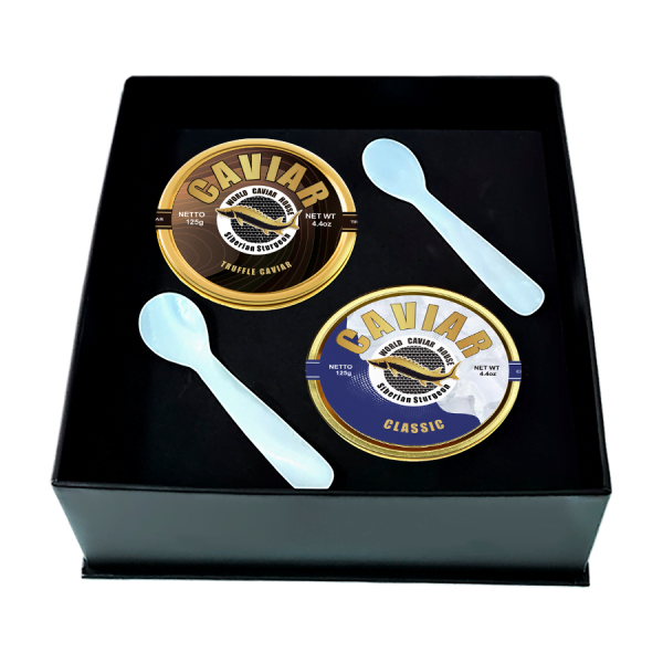 Premium Caviar Set featuring a fusion of aromatic Truffle and traditional Classic varieties, both sealed in 125g containers.