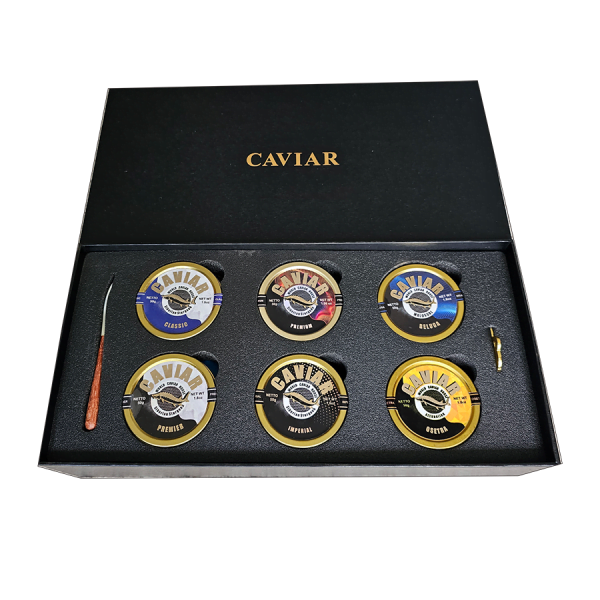 Six elegant caviar tins in a luxurious set, each tin filled with high-quality, finely textured caviar