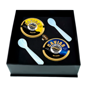 Elegant twin set of Beluga and Osetra caviar, each in 50g tins, available in Singapore - perfect for gourmet dining experiences.