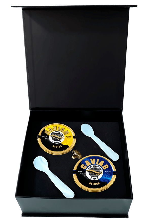 Two premium 50g tins of fresh Beluga and Osetra caviar showcased in Singapore, ideal for sophisticated culinary experiences.