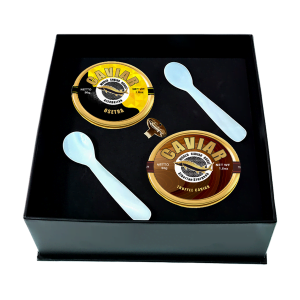 Elegant Osetra and Truffle Caviar 50g tins displayed, perfect for gourmet dining and luxury appetizers