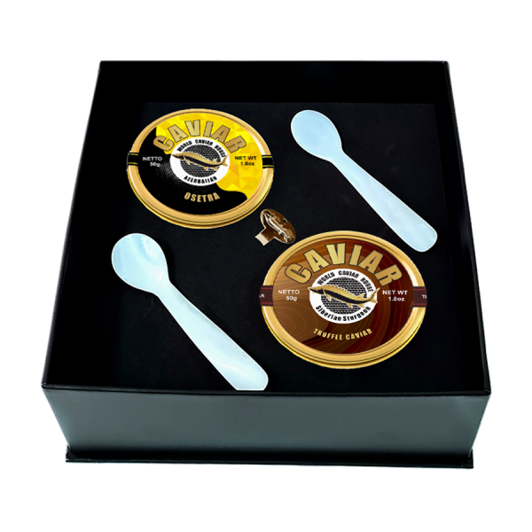 Elegant Osetra and Truffle Caviar 50g tins displayed, perfect for gourmet dining and luxury appetizers