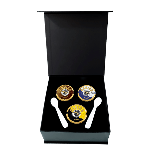 Exquisite selection of Osetra, Truffle, and Classic Caviar, each 30 grams, presented in a premium set - available in Singapore.