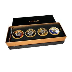 Four-piece luxury caviar set including Imperial, Premium, Smoked, and Classic caviar, 50g each, with free delivery in Singapore