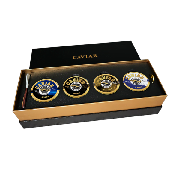 Premium caviar selection set with Beluga, Imperial, Smoked, and Classic varieties, 30g each, free delivery in Singapore.