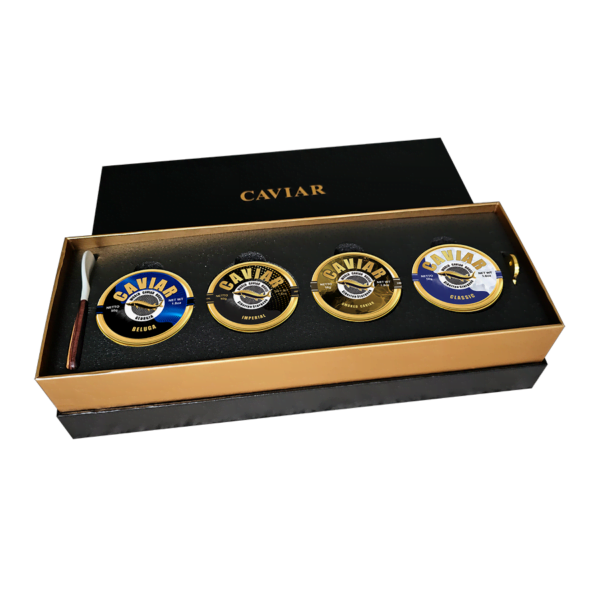 Premium caviar assortment pack with Beluga, Imperial, Smoked, and Classic caviars, 50g each, in elegant packaging.