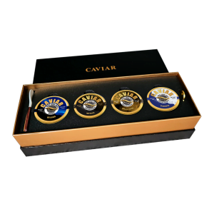 Premium caviar assortment pack with Beluga, Imperial, Smoked, and Classic caviars, 50g each, in elegant packaging.