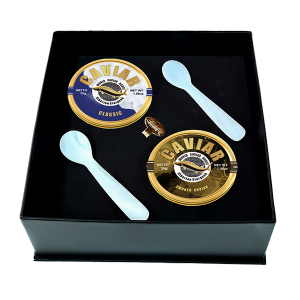 Premium Caviar Set: 30g each of Smoked and Classic varieties, elegantly packaged for a luxurious culinary experience