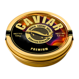 Elegant 100g tin of Premium Caviar, black and glossy, luxury delicacy in Singapore