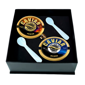 Two tins of caviar - Beluga Caviar 100g and Premium Caviar 100g - with free delivery in Singapore.