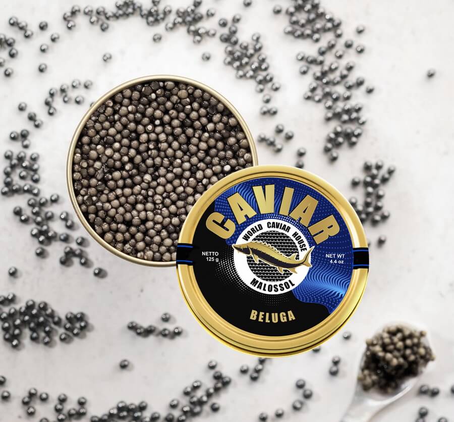 World Caviar House Beluga caviar tin with an open tin of caviar