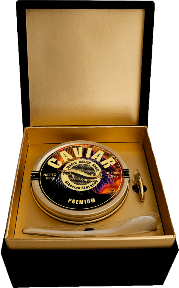 A 100g tin of premium caviar in a stylish gift box, showcased in an elegant, luxurious setting.