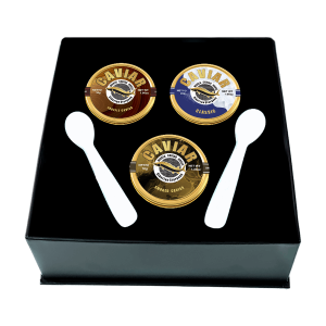 Caviar Kit featuring 30g tins of Classic, Truffle, and Smoked caviar available in Singapore