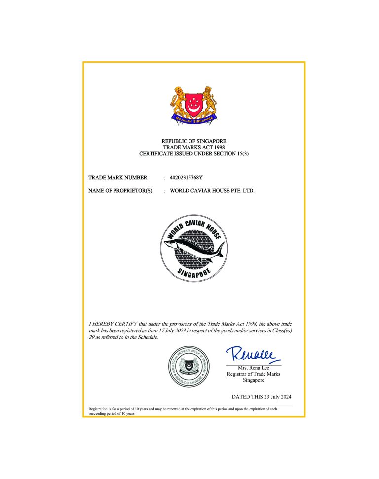 World Caviar House trade mark registration certificate, Republic of Singapore