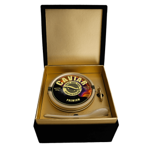 Premium Caviar 100g in a gift box with caviar spoon and opener, available in Singapore