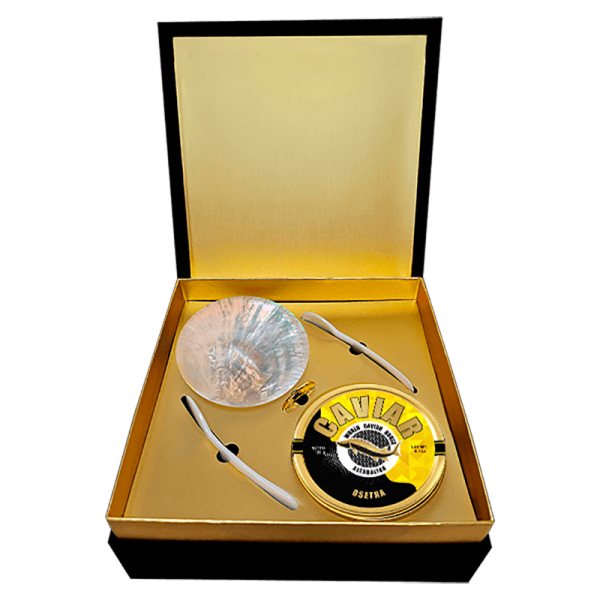 Caviar Set with 125g Osetra Caviar, plate, and spoons, available in Singapore