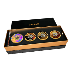 Caviar Set with 4 tins of Siberian Sturgeon 50g – Sweet, Classic, Truffle, Smoked – Includes spoon, opener and gift box – Singapore
