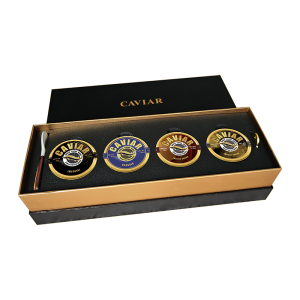 Caviar gift set with 4 tins of 30g Siberian Sturgeon caviar from Spain, mother of pearl spoon, caviar opener, and luxury gift box – available in Singapore