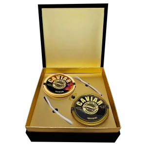 Caviar gift set with 125g Imperial Caviar, 100g Premium Caviar, 2 mother-of-pearl spoons, opener, and elegant gift box.