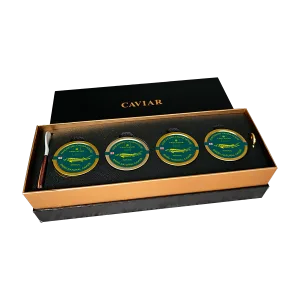 Luxury caviar gift set with 4 tins of Panchenko Imperial Caviar, a Mother-of-Pearl spoon, and tin opener. Ideal for gourmet gifting in Singapore.