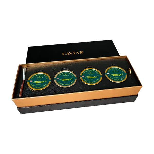 Luxury caviar gift set with 4 tins of Panchenko Imperial Caviar, a Mother-of-Pearl spoon, and tin opener. Ideal for gourmet gifting in Singapore.
