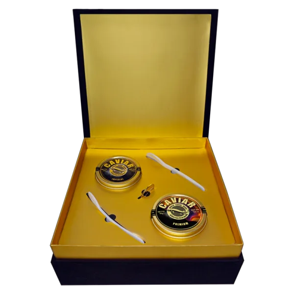 Luxury caviar set with Imperial from Spain, Premium from Georgia, gift packaging, free delivery in Singapore.