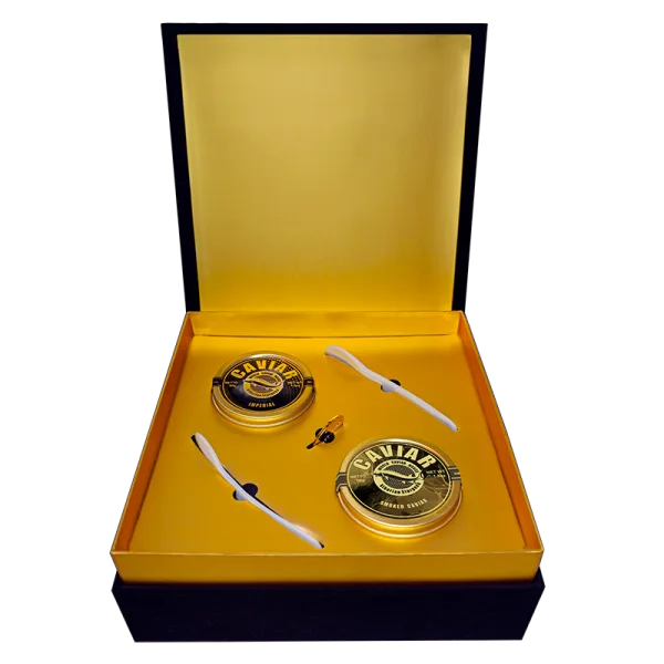 Luxury caviar set with Imperial and Smoked Caviar from Spain, in premium gift packaging. Caviar Singapore, free delivery.