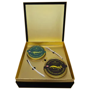 Panchenko caviar set with 2x100g tins of Imperial and Exquisite sturgeon caviar in elegant black gift box from Georgia