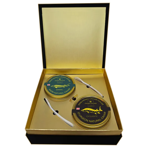 Panchenko caviar set with 2x100g tins of Imperial and Exquisite sturgeon caviar in elegant black gift box from Georgia