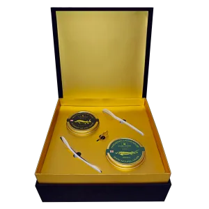 Premium Panchenko Caviar Set with 2x50g tins – Imperial and Exquisite, gourmet sturgeon caviar in elegant gift packaging