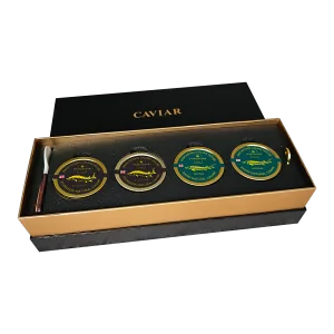 Luxury Panchenko Caviar Set with 4x50g tins – 2 Imperial and 2 Exquisite, best caviar gift from Georgia in black gift box