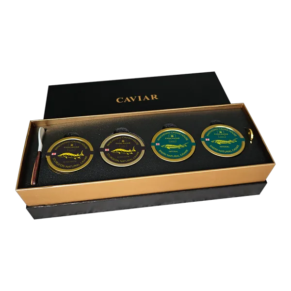 Luxury Panchenko Caviar Set with 4x50g tins – 2 Imperial and 2 Exquisite, best caviar gift from Georgia in black gift box