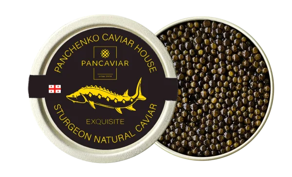 Panchenko Exquisite Caviar tin partially opened to show glossy brown Siberian sturgeon roe on green background