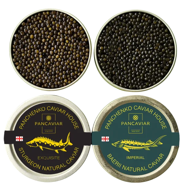 Close-up of Panchenko Exquisite and Imperial sturgeon caviar tins, showing grain size and color for texture comparison