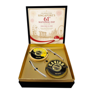Singapore 61st National Day caviar gift set: Imperial 125g and Osetra 100g tins with mother-of-pearl spoons in a black and gold gift box