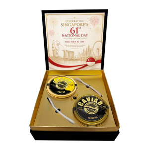 Singapore 61st National Day caviar gift set: Imperial 125g and Osetra 100g tins with mother-of-pearl spoons in a black and gold gift box