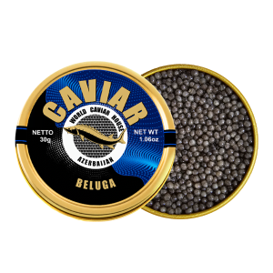 Beluga caviar from Azerbaijan — open tin with lustrous dark grey pearlsAzerbaijani caviar
