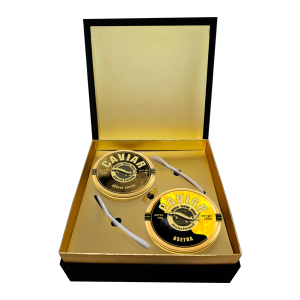 Black and gold caviar gift box with Smoked Siberian Sturgeon caviar 125g, Osetra caviar 100g and two mother-of-pearl spoons