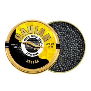Osetra caviar tin beside an open tin of amber-dark Acipenser gueldenstaedtii pearls, Halal-certified Azerbaijani caviar