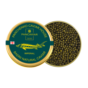 Panchenko Imperial Baerii caviar: closed tin beside an open tin of golden-olive sturgeon caviar pearls