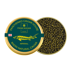 Panchenko Imperial Baerii caviar: closed tin beside an open tin of golden-olive sturgeon caviar pearls