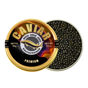 Premium caviar tin beside an open tin of glossy dark Georgian sturgeon pearls