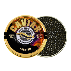 Premium caviar tin beside an open tin of glossy dark Georgian sturgeon pearls
