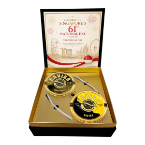 Caviar gift box with SG61 Singapore National Day commemorative card, Smoked Siberian Sturgeon caviar 125g, Osetra caviar 100g and mother-of-pearl spoons