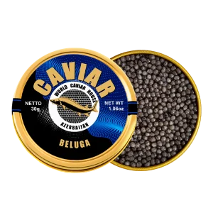 Beluga caviar from Azerbaijan, Halal certified — open tin with lustrous dark grey pearls