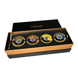 Caviar gift set Singapore — Discovery Set: four tins of Imperial, Premium, Osetra and Beluga caviar with a mother-of-pearl spoon in a black and gold gift box